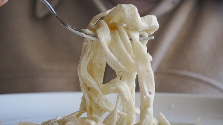 Fork of creamy pasta pictured.
