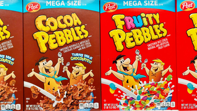 Cocoa Pebbles and Fruity Pebbles boxes.