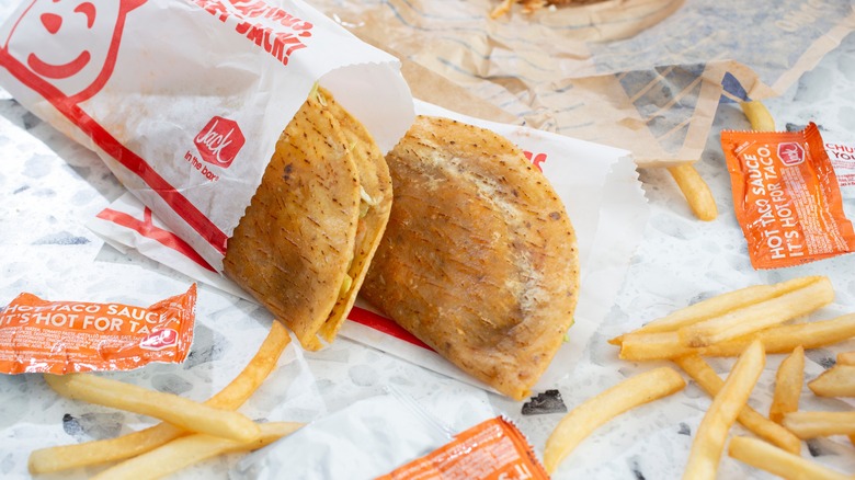 Jack in the Box tacos, french fries, and taco sauce
