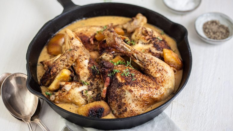 Chicken à la Normande, braised in cider.