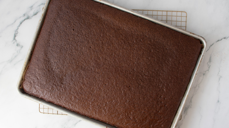 chocolate cake in a pan at a rakish angle