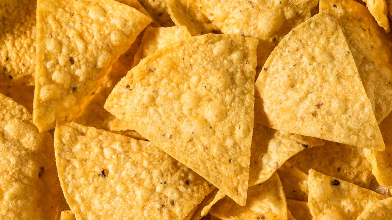 Tortilla chips sit in a pile close-up