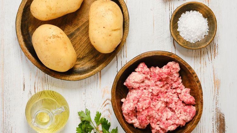 Ground beef, salt, and potatoes.