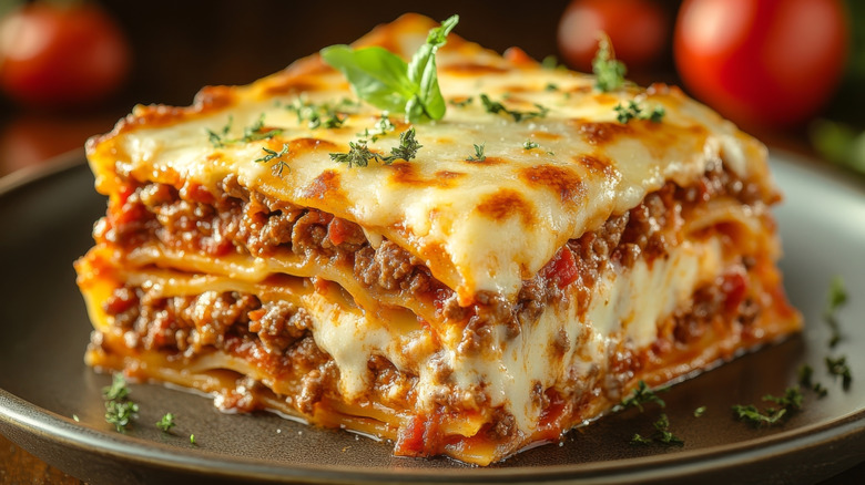 a slice of lasagna on a plate garnished with basil and thyme