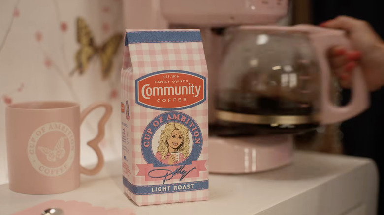 Dolly Parton's Cup of Ambition coffee bag on a counter.