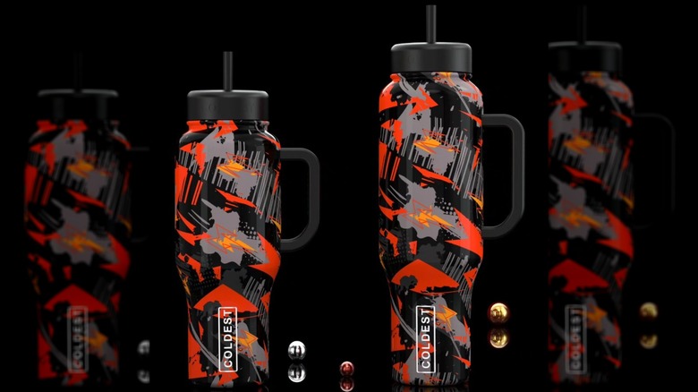 A Coldest brand water bottle with orange and black design