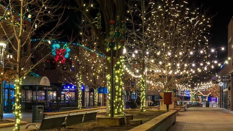 Downtown Fort Collins decorated for the holidays.