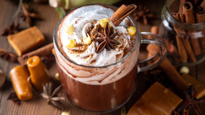 Mexican hot chocolate with whipped cream and spices