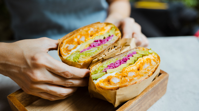 veggie sandwhich sliced in half