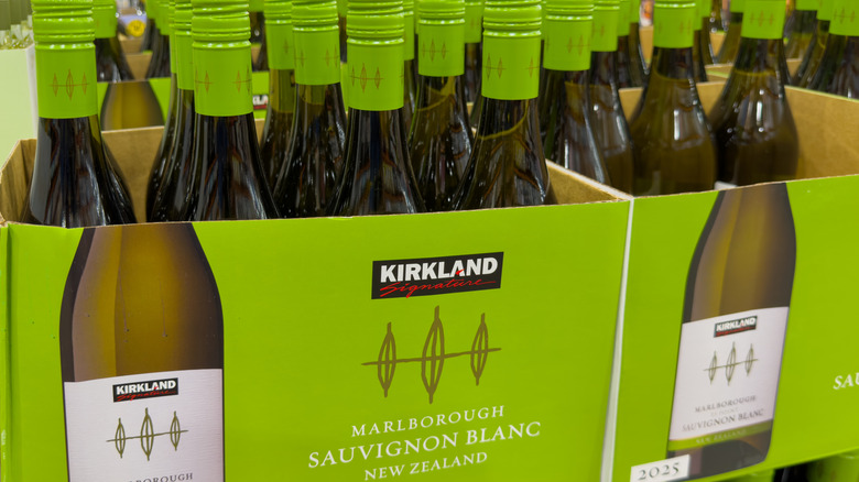 Bottles of Kirkland Signature Brand Wine Pinot Grigio Products on Shelf at Store Costco Wholesale Membership Club