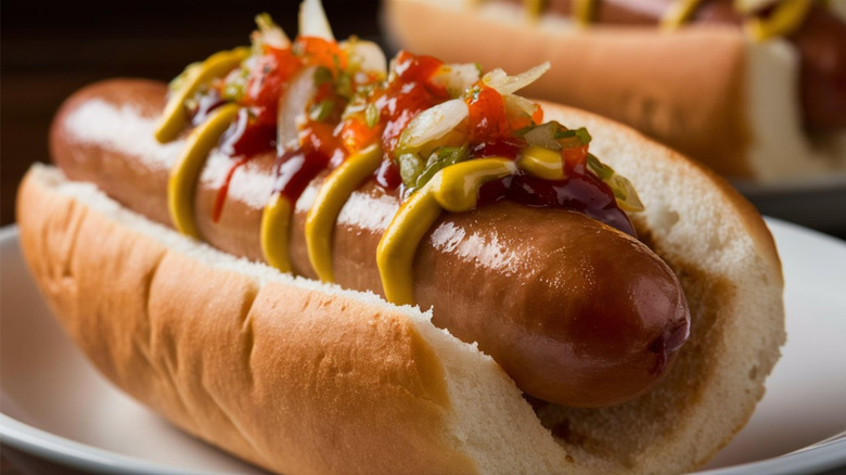 A hot dog sits in a bun, dressed up with mustard, ketchup, relish, and onion