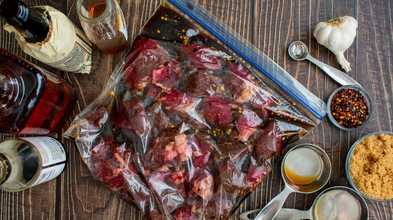 Marinating beef in plastic bag
