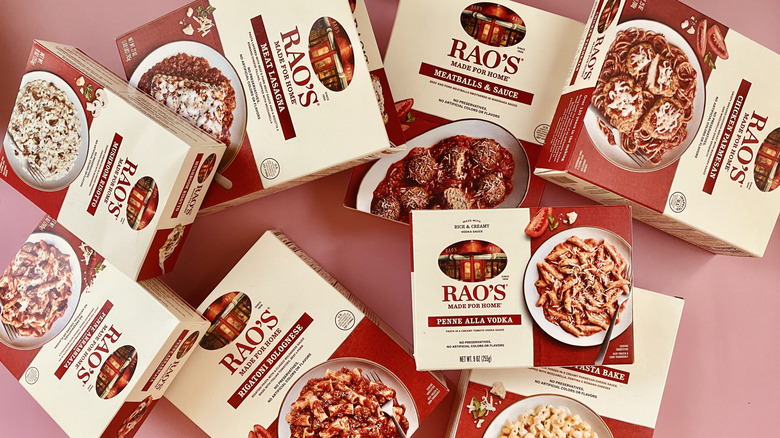 Various Rao's frozen entrees on a pink background