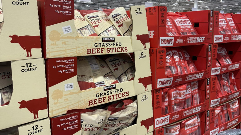 Packages of beef sticks sit in a Costco
