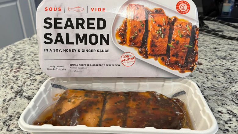 A package of Cuisine Solutions Sous Vide Salmon on a countertop