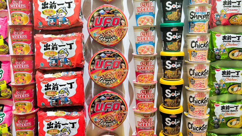 Wall of various instant noodle packages
