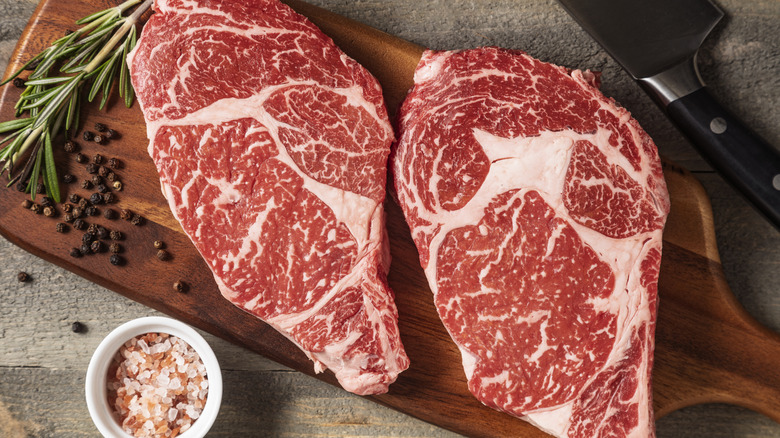 Two raw cuts of Wagyu.