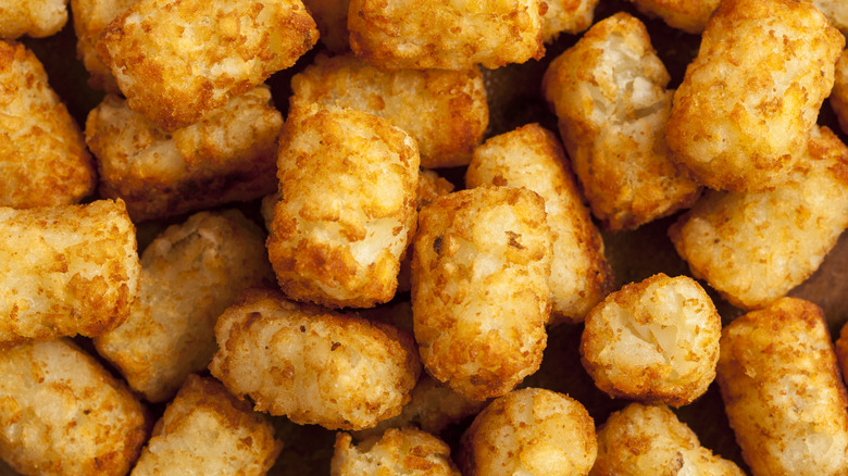 Close-up shot of multiple crispy tater tots