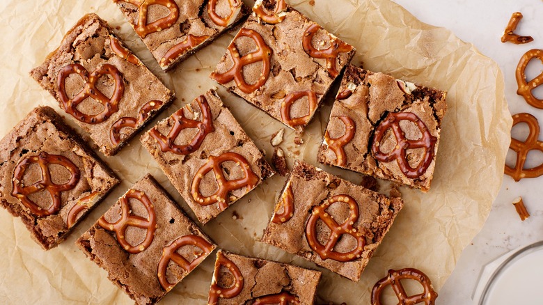 homemade brownies with pretzels