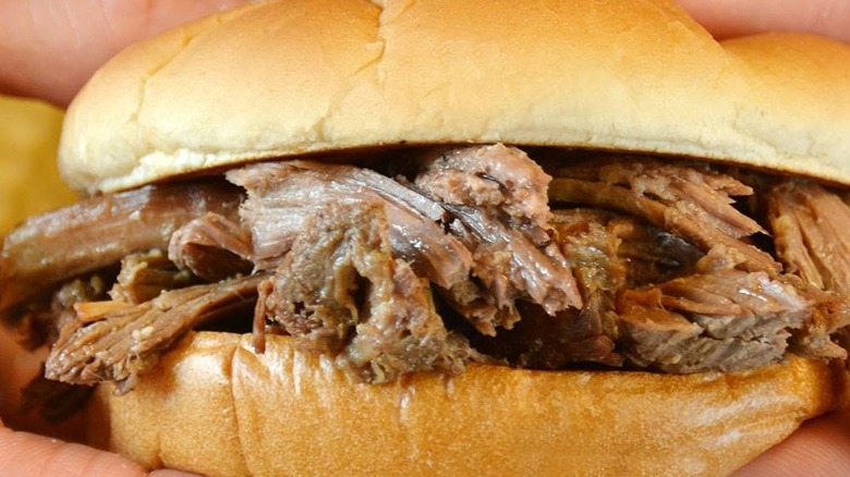 A close up of a Culver's pot roast sandwich.