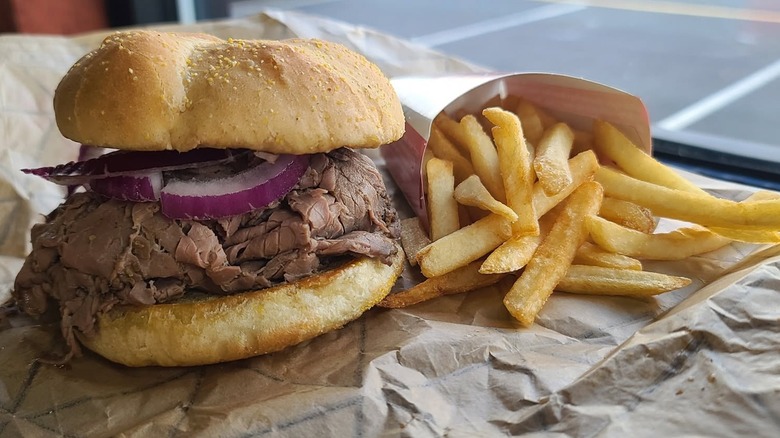 The Roy Rogers roast beef sandwich with fries.