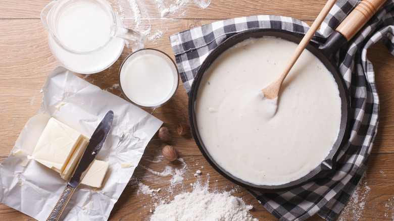 All the ingredients for a white bechamel sauce.