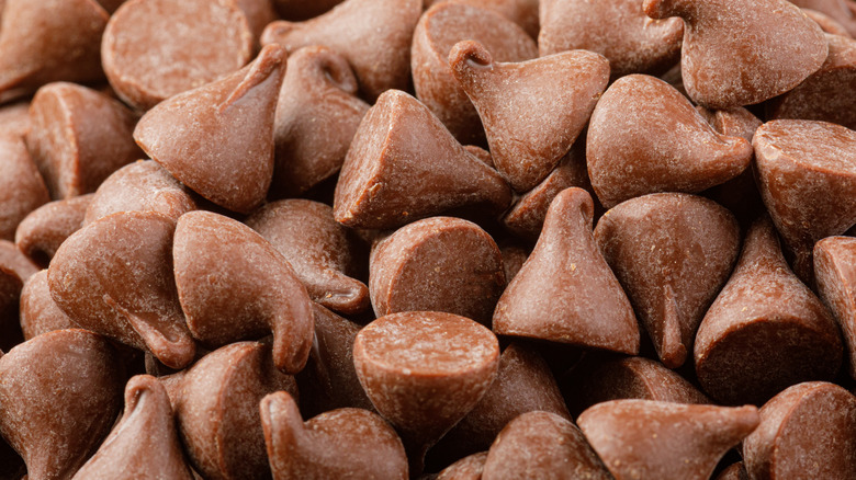 Semi-sweet chocolate chips in a pile.