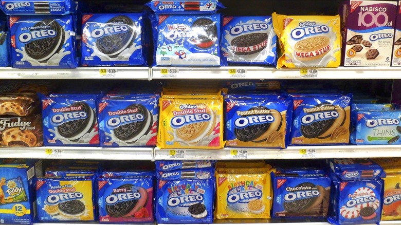Various Oreo flavors on grocery shelves