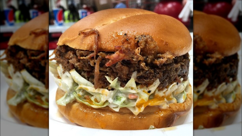 A Costco smoked brisket bbq sandwich with a healthy layer of cole slaw