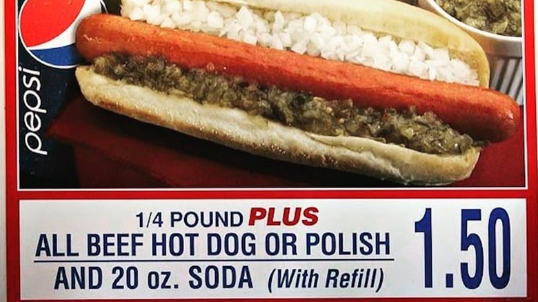 A Costco sign advertising a polish dog