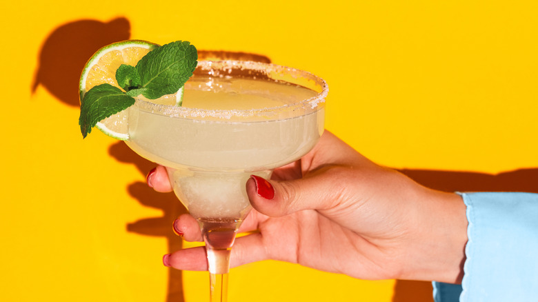 Close up shot of a salt rimmed margarita with a lime wedge and mint