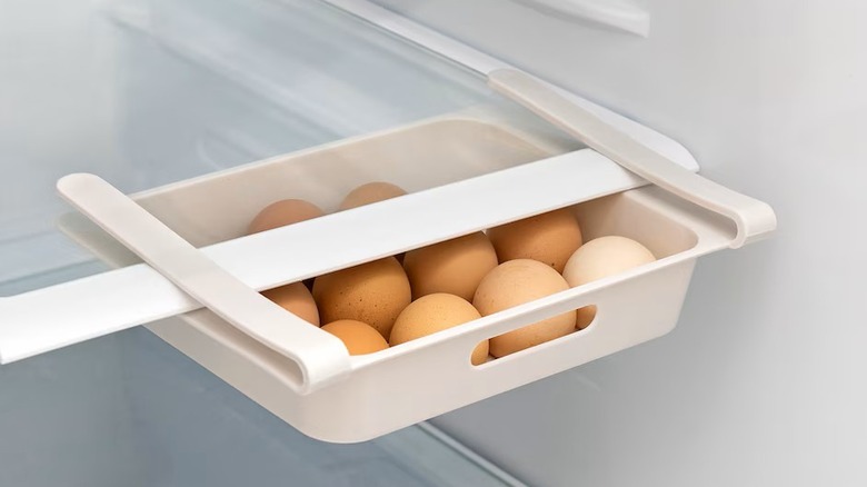 Dollar Tree egg shelf, full of eggs, inside the fridge
