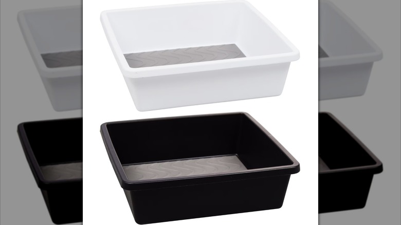 Two square drawer organizers from Dollar Tree, one in white and the other in black
