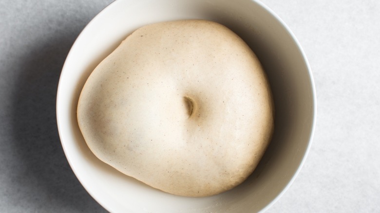 Raw bread dough with indentation from poke test in bowl