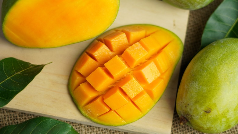 Mango diced in cubes in the skin