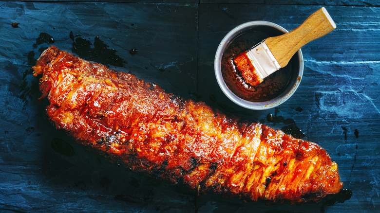 rack of pork ribs with BBQ sauce