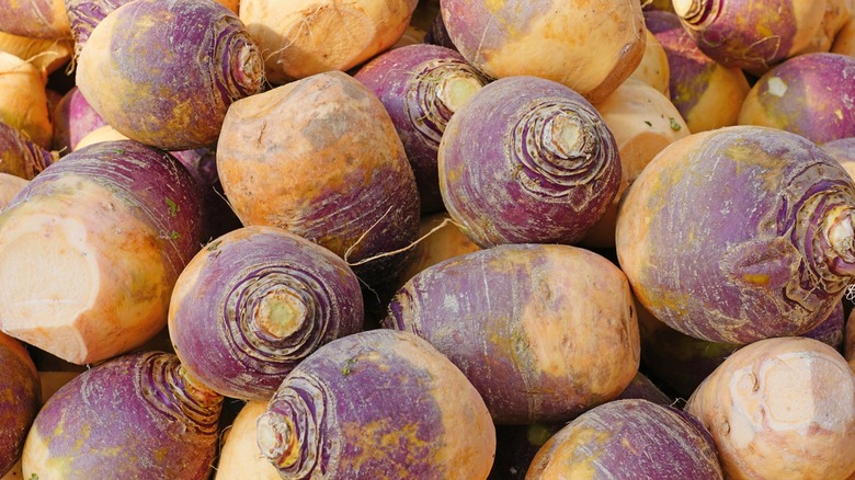 unwashed rutabagas at a market