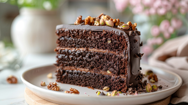 slice of fudgy chocolate layer cake topped with nuts