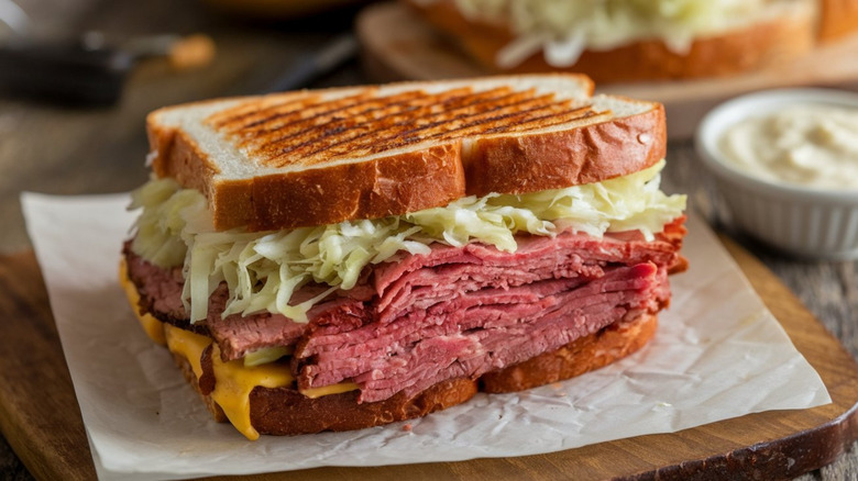corned beef in a sandwich with sauerkraut and cheese