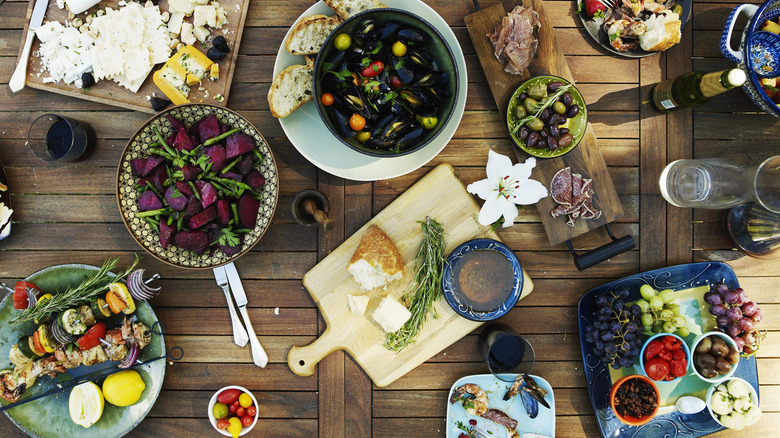 Dishes arranged on a potluck table