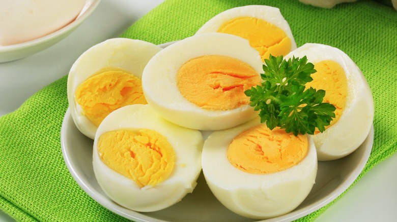 Hardboiled eggs on plate