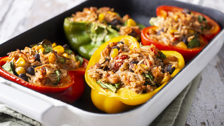 Southwestern style stuffed peppers in pan