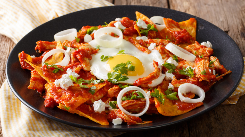 Chilaquiles rojos with fried egg