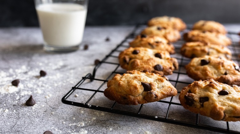 Chocolate chip cookies on a wire tray with a glass of milk