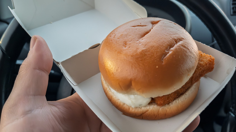 A Filet-O-Fish sits in its packaging.