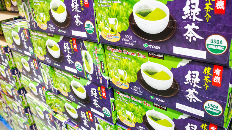 Stacked cases of Kirkland Signature green tea