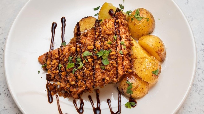 Maple-Honey Glazed Walnut Crusted Salmon with potatoes