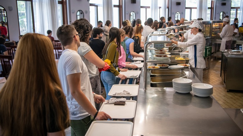Students in line at a dining hall