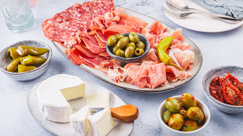 Charcuterie pictured on serving platters
