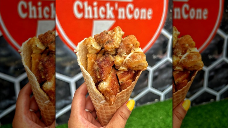 Fried chicken in a waffle cone from Chick'nCone